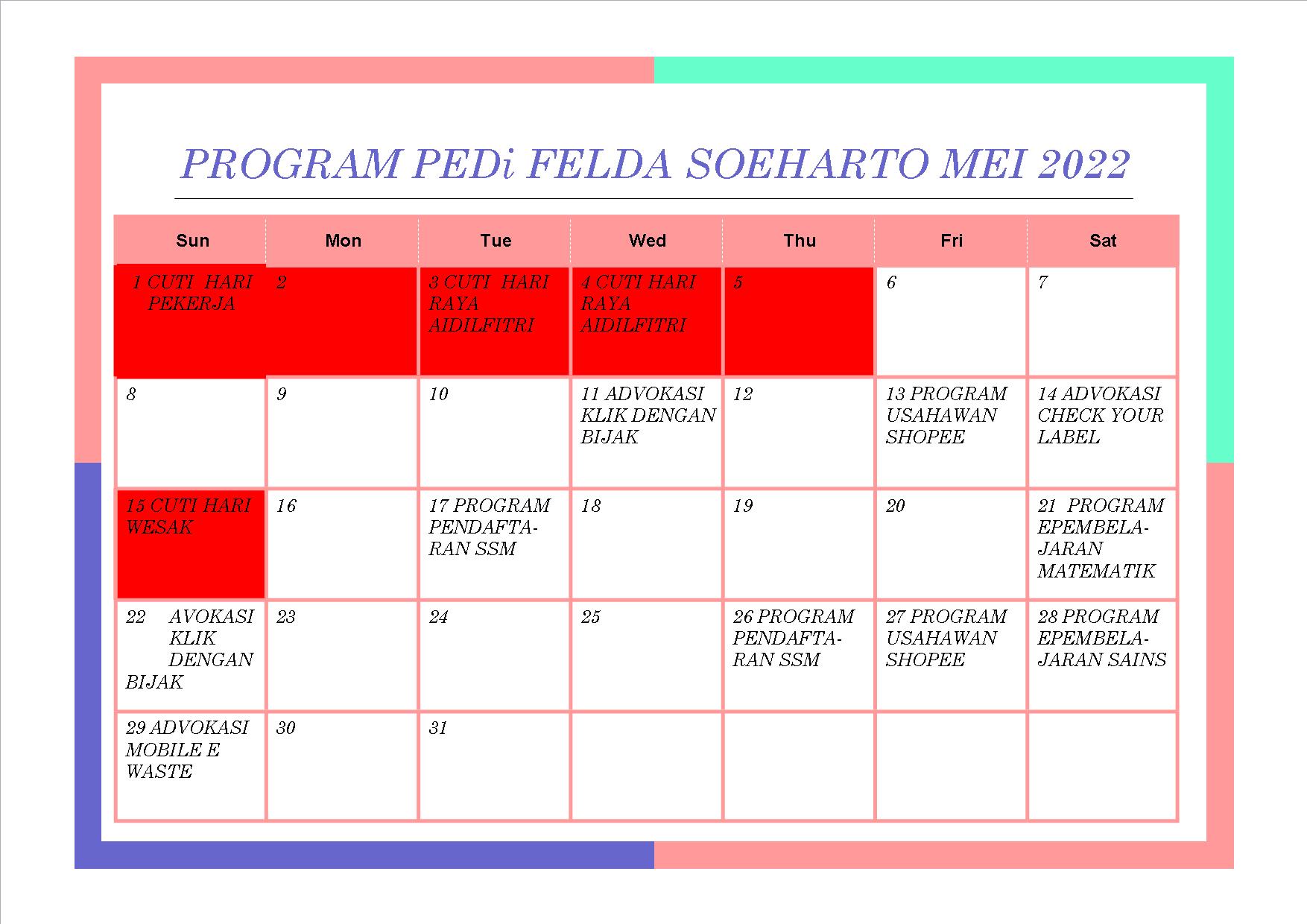 Jadual Aktiviti Bulan Mei 2022